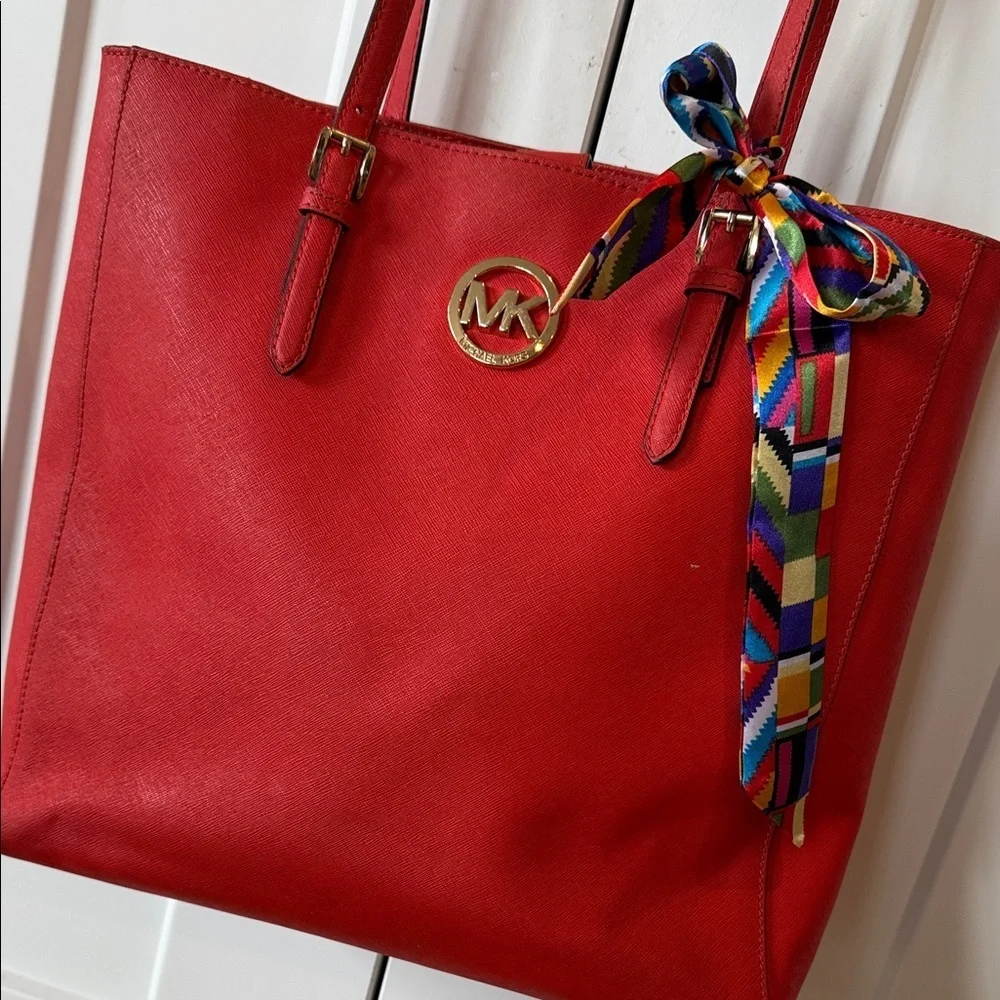 Michael Kors Red Orange tote Bag coated leather gold purse handbag MK designer